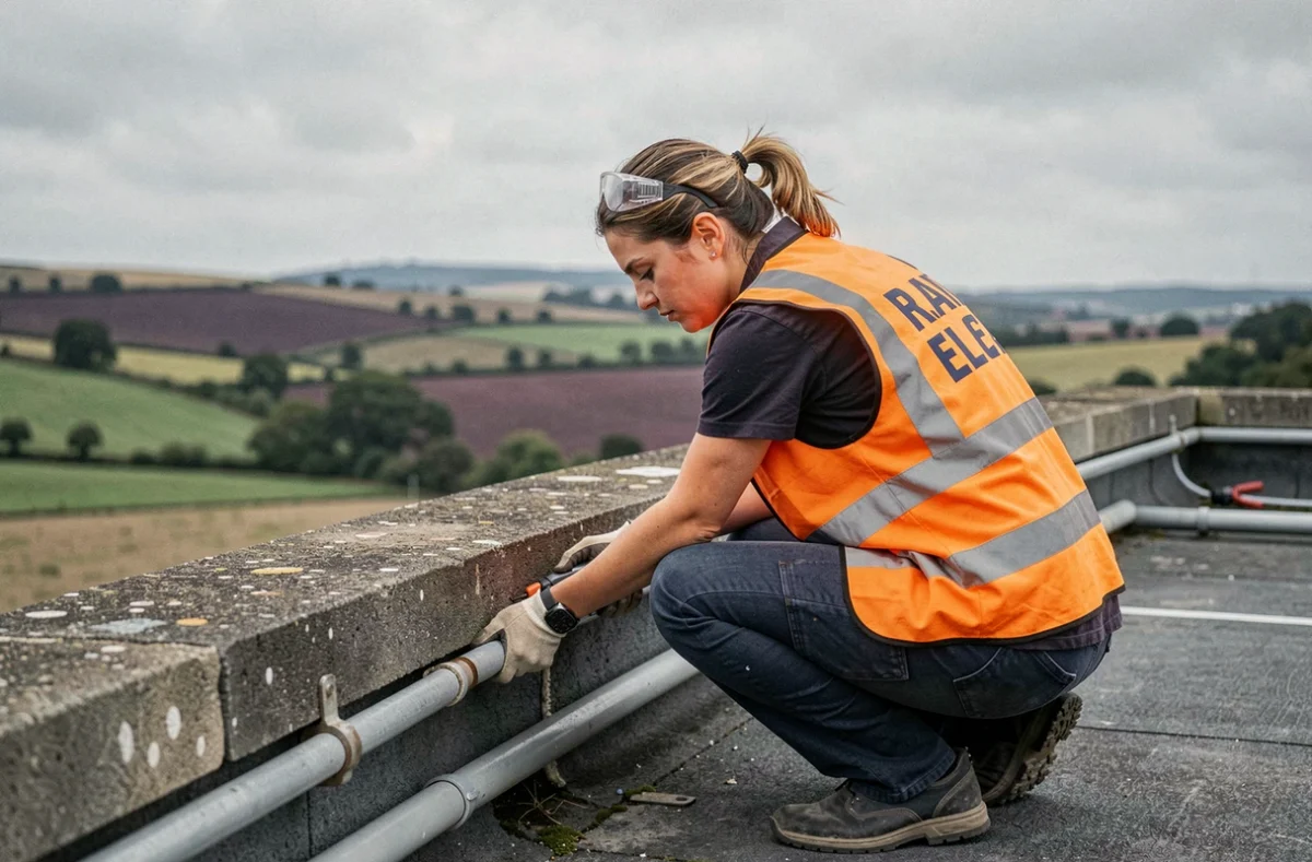 Électricienne de R.AID.ELEC installant des conduits électriques sur une toiture-terrasse dans l'Yonne