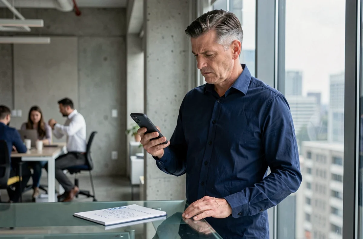 Homme en bureau regardant un numéro de téléphone inconnu sur son smartphone, cherchant à identifier l'appelant