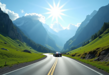 Route de montagne dans les Alpes avec voiture moderne