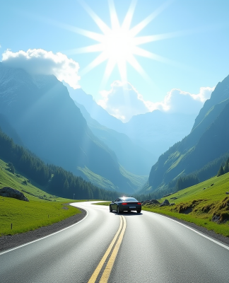 Route de montagne dans les Alpes avec voiture moderne