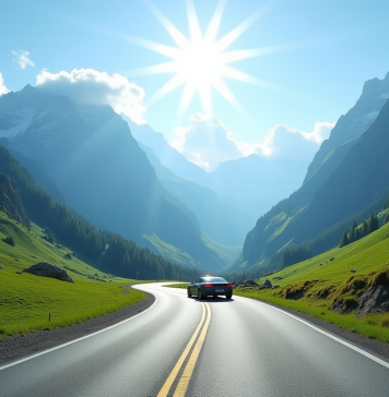 Route de montagne dans les Alpes avec voiture moderne