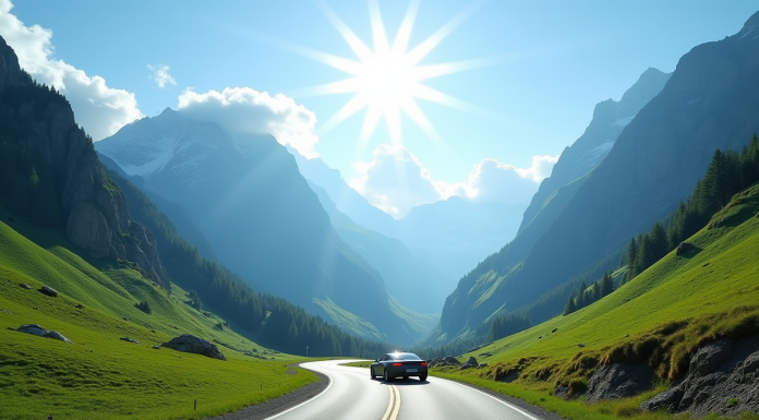 Route de montagne dans les Alpes avec voiture moderne