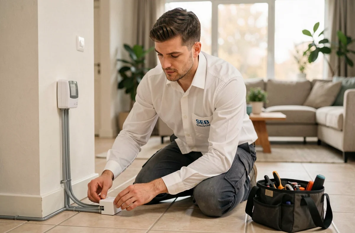 Électricien SEB Électricité installant un thermostat de plancher chauffant dans une maison moderne de l'Yonne