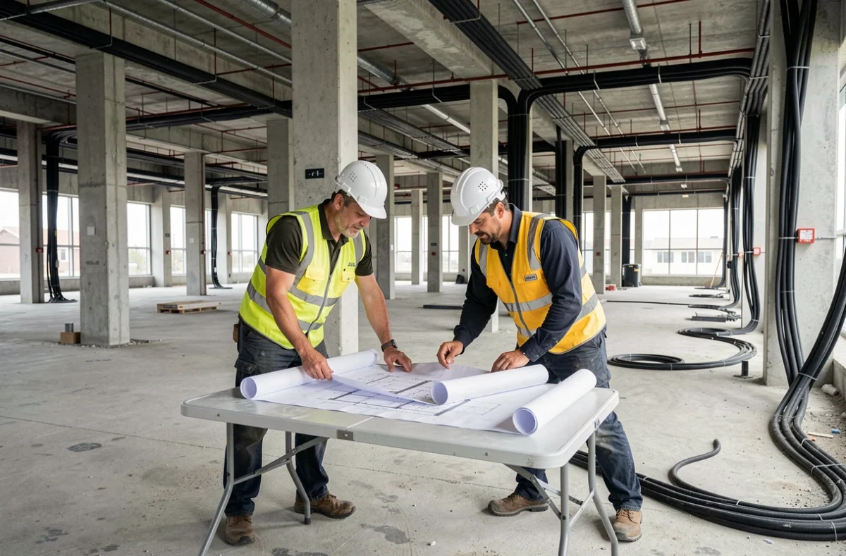 Ingénieurs SNEF examinant des plans sur un grand chantier tertiaire