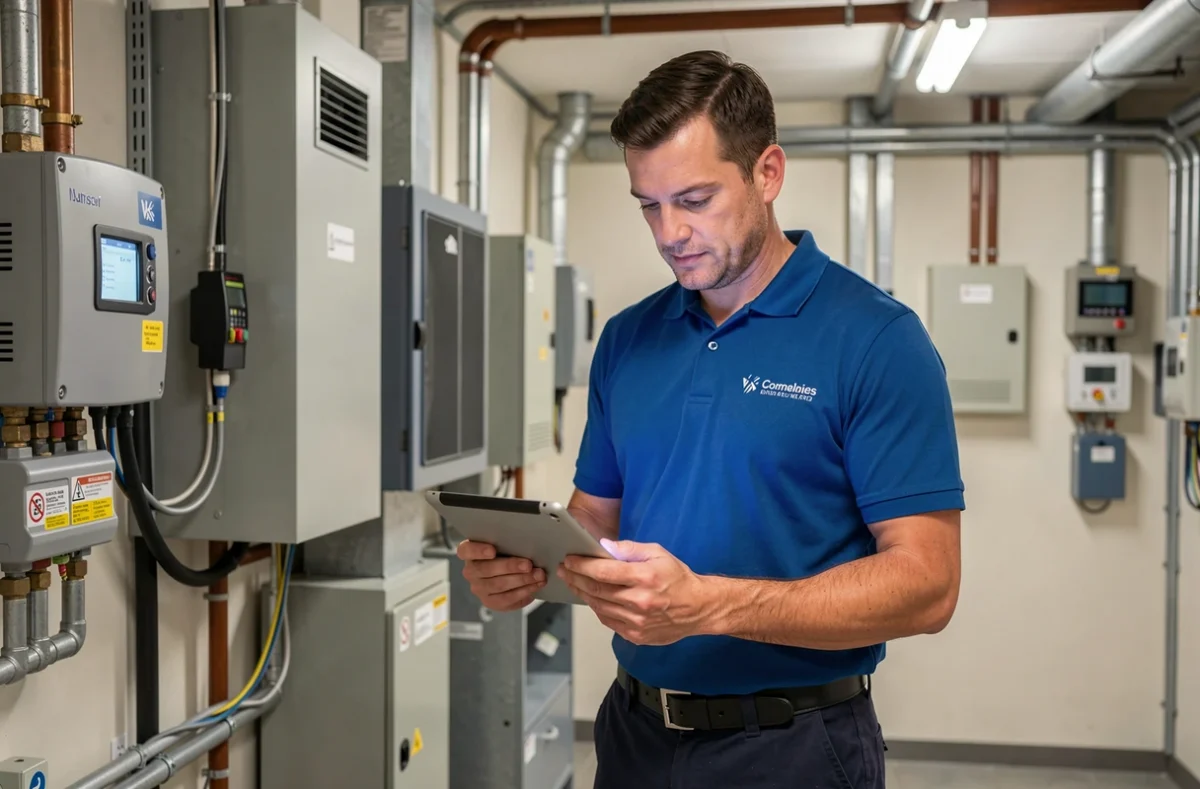 Technicien SPIE Facilities effectuant la maintenance d'un bâtiment commercial avec une tablette