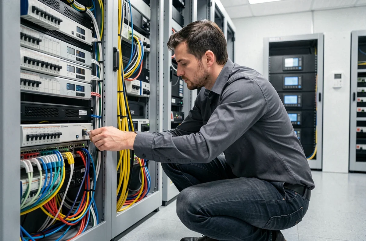 Technicien SPIE ICS installant des équipements de courants faibles et de sécurité électronique dans une salle réseau