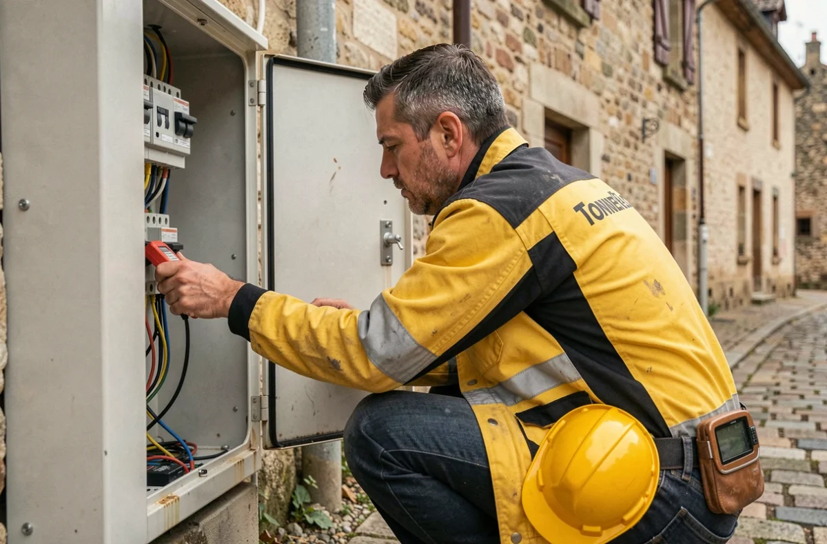 Électricien Tonner'Elec intervenant sur une armoire de distribution électrique dans un village de l'Yonne