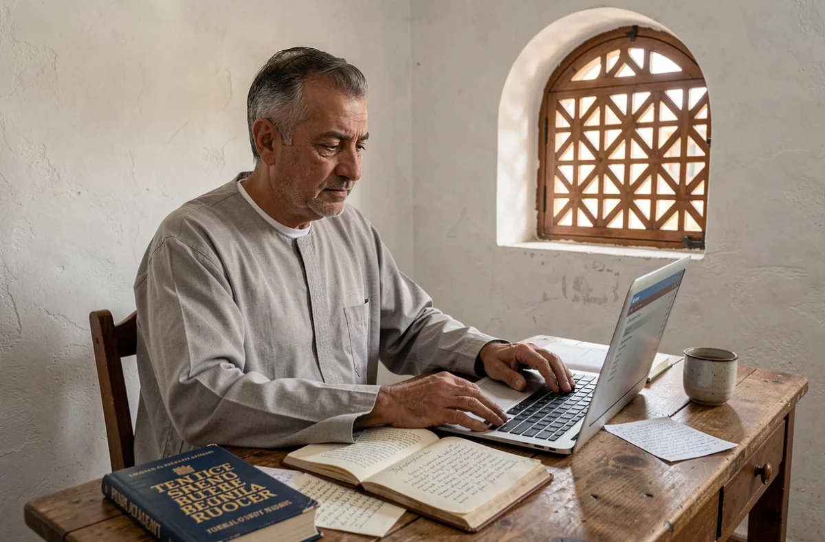 Homme marocain traduisant des messages du quotidien du dialecte marocain vers le français dans un bureau à domicile