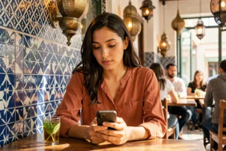 Jeune femme marocaine tapant un message en français sur son smartphone dans un café traditionnel de Marrakech