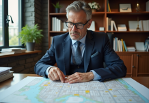 Loi sur le PLU : histoire, création et évolution de cette législation Urbaniste homme étudiant un plan de ville annoté