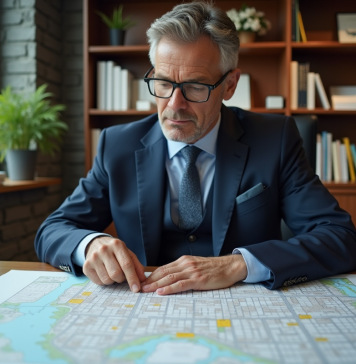 Urbaniste homme étudiant un plan de ville annoté