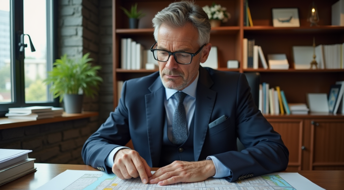 Urbaniste homme étudiant un plan de ville annoté