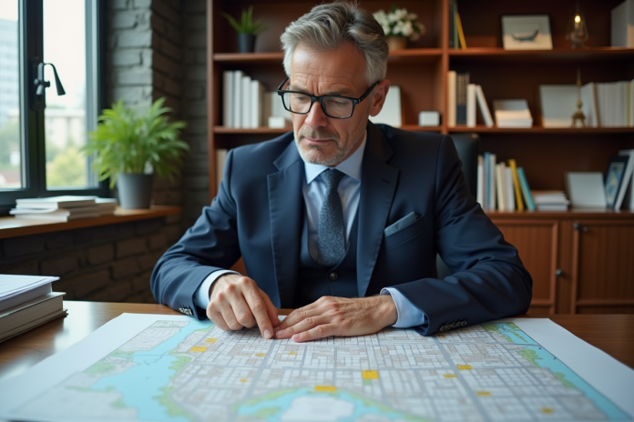 urbaniste-ville-plan Urbaniste homme étudiant un plan de ville annoté