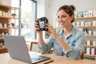 Vendeur présentant un produit à la caméra lors d'une consultation vidéo