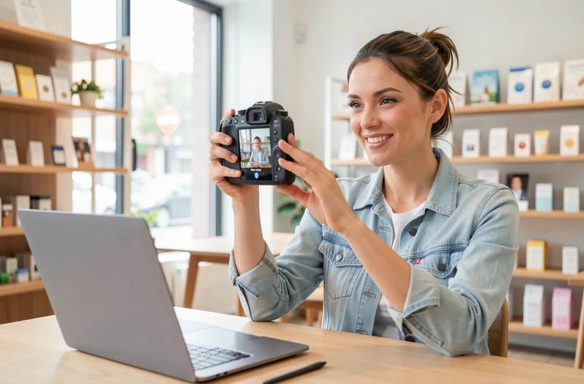 Vendeur présentant un produit à la caméra lors d'une consultation vidéo