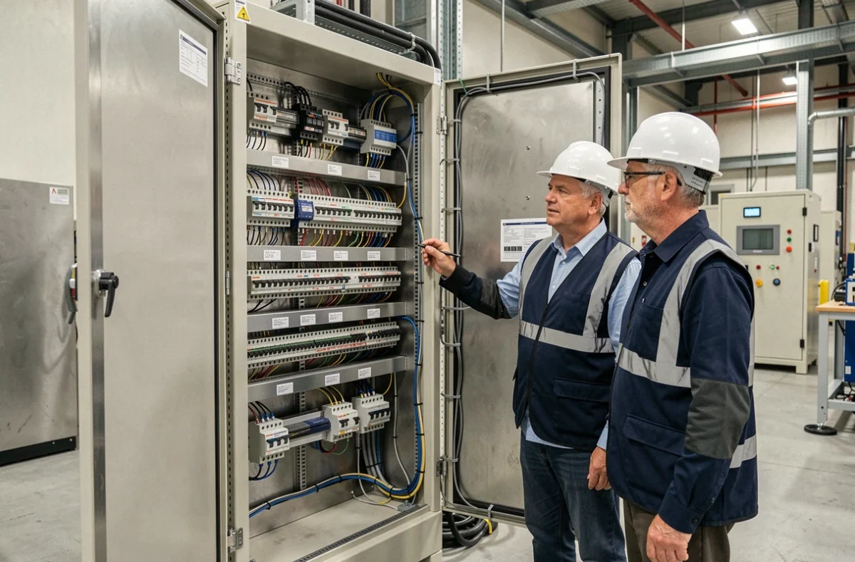 Ingénieurs Vinci Energies Omexom Actemium devant un armoire d'automatisme électrique industriel