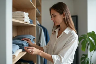 Femme stylée arrangeant ses vêtements dans un dressing minimaliste